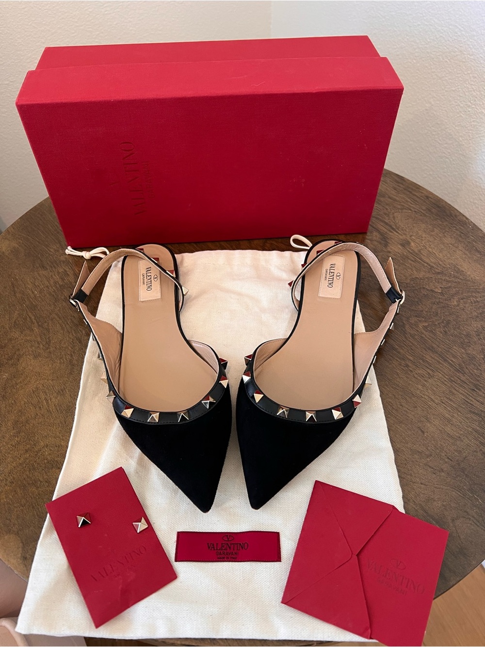 Valentino Garavani Black Suede Rockstud Pointed Slingback Flats Worn 1x 38 8